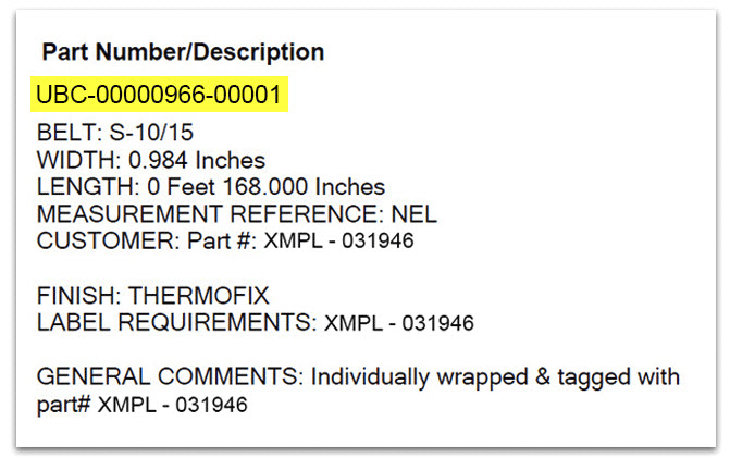 Belt order with a UBC part number. 