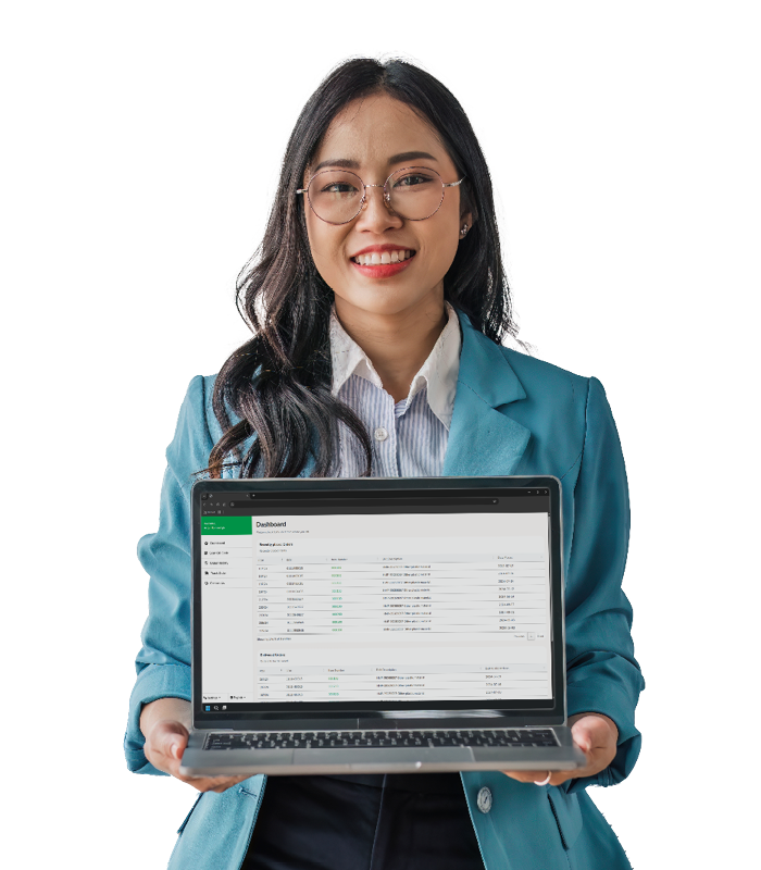 A lady showing laptop with Habasit360 app